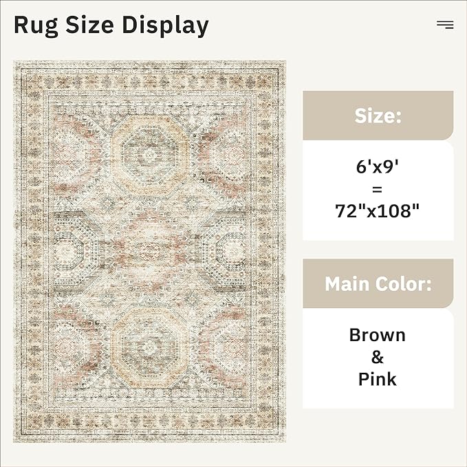 Soalmost 6x9 Area Rug for Living Room Washable 6x9 Non-Slip Modern Rugs for Bedroom Dinning Room Ultra-Thin Indoor Brown Pink