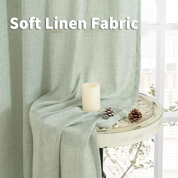 YoungsTex Sage Green Linen Curtains 84 Inches Long, Light Color Semi Sheer Drapes with Bronze Grommet Light Filtering Spring Decor for Bedroom Living Room Window, 52 X 84 Inch, 2 Panels