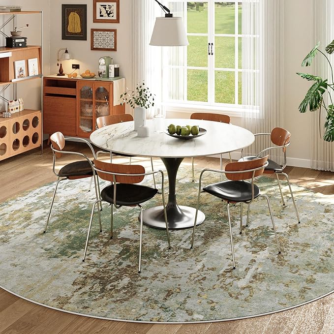 Green Round Rugs 6ft Washable Circle Area Rug for Entryway Kitchen, Non Slip Soft Low Pile Stain Resistant, Boho Circular Carpet for Living Room Bedroom Dorm Dining Room Table, Sage Green