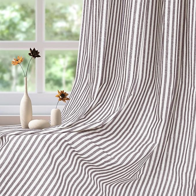 ASPMIZ Cotton Linen Farmhouse Curtains Boho Rustic Button Panel, Country Window Curtain & Drapes, Brown Stripe Modern Curtains for Living Room, Back Tab & Rod Pocket Curtain 52 x 84 Inch, 2 Panels