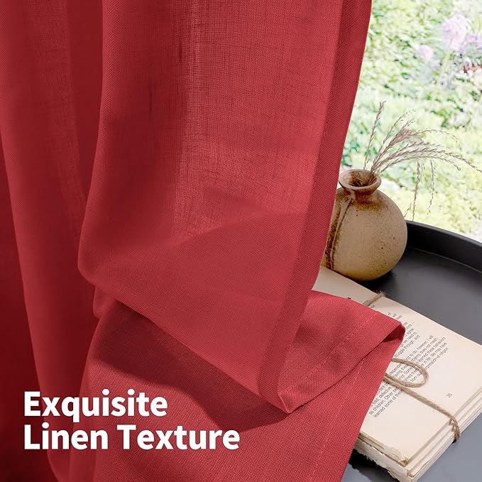YoungsTex Red Linen Curtains 80 Inches Long for Living Room, Light Filtering Drapes with Grommet Semi Sheer Privacy for Bedroom Dining Room, 2 Panels, 52 X 80 Inch