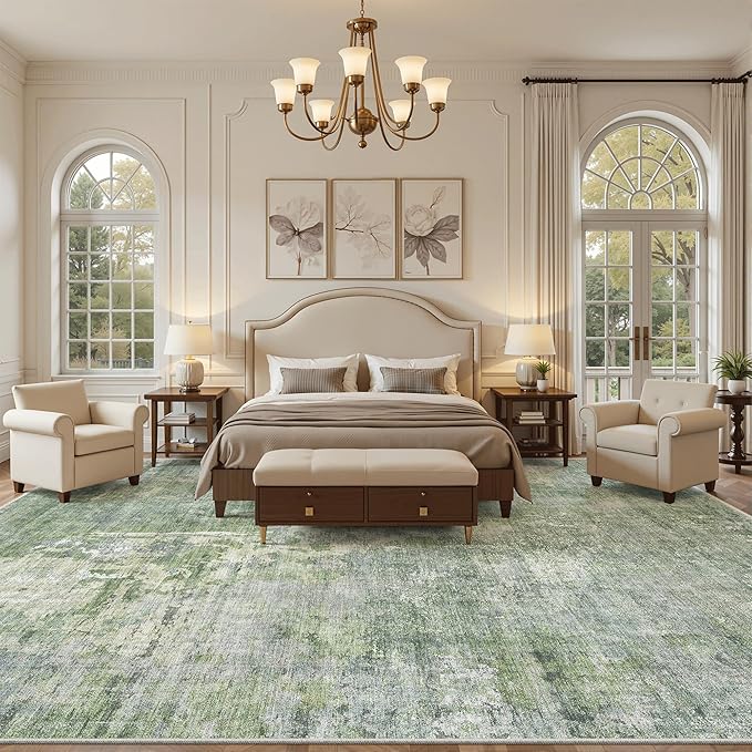 Soalmost 10x14 Area Rugs for Living Room, Non Slip Machine Washable Vintage Rugs, Low Pile Lightweight Large Rug for Bedroom, Dining Room, Home Office Green/Ivory