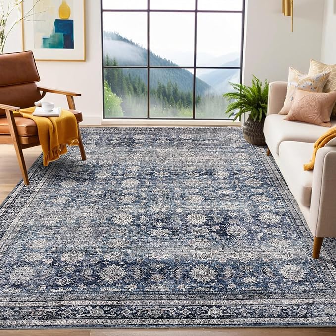 GarveeHome Washable Area Rugs 5x7 Vintage Printed Accent with Non-Slip Backing, Stain-Resistant Oriental Throw Rugs, Farmhouse Low Pile Rugs for Bedroom, Living Room, Blue