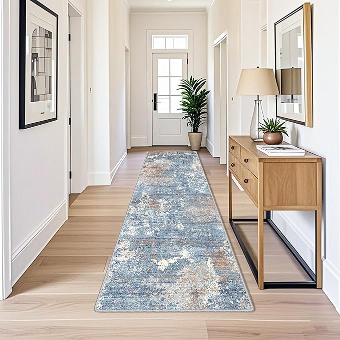 3x12 ft Long Hallway Runner Rug – Non-Slip Washable Carpet Runners for Kitchen Entryway Bathroom Modern Abstract Neutral Low-Pile Thin Stain-Resistant (Blue Rust,3x12)