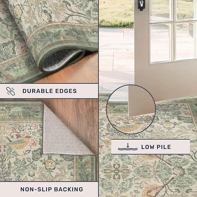 Hazo Haus Washable Area Rugs 5x8 for Bedroom - Sage Green Boho Rugs for Living Room, Dining Room, Home Office, Playroom, Light Green Botanical Bird Pattern, Non Slip Stain Resistant Low Pile