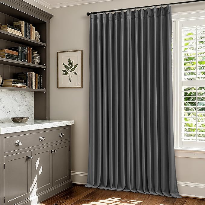 Grey Pleated Linen Blackout Curtains 80 Inches Long for Bedroom Living Room Pinch Pleat Black Out Thermal Insulated Ring Hooks Back Tab Room Darkening Drapes Charcoal Gray 80 Inch Curtains with Liner
