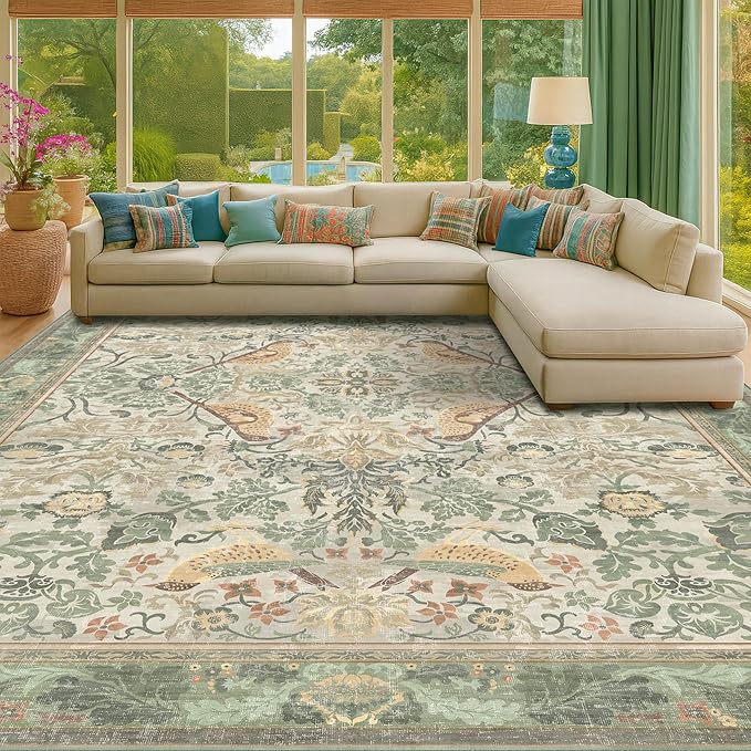 Boho Dining Room Rugs for Under Table 9x12 - Plant & Bird Patterned Rugs for Living Room, Bedroom Under Bed, Traditional Victorian Sage Green Décor, Washable Non Slip Folable Lightweight Carpet