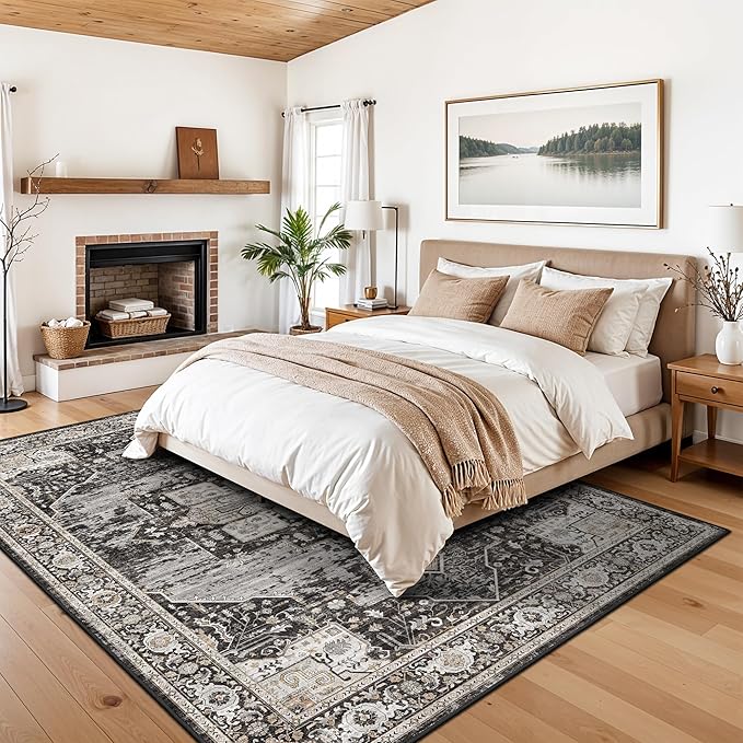 RUUGME Washable 7x8 Area Rug - Non Slip Ultra Thin Soft Living Room Rugs Vintage Distressed Stain Resistant Home Decor Mat for Bedroom,Dining Room,Nursery 7x8 Black