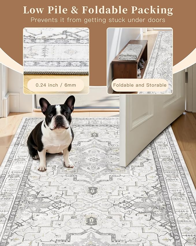Madane Runner Rug 2x8, Washable Hallway Runner Rugs, Non-Slip Low-Pile Soft Kitchen Rug Runner Laundry Room Rug, Vintage Throw Entry Foyer Mat for Entrance Living Room (Grey, 2 x 8)