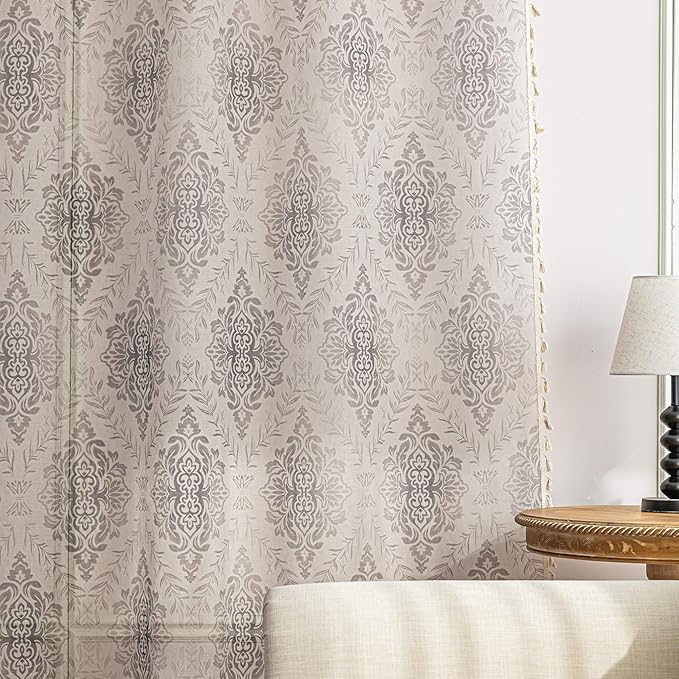 Khaki Geometric Sheer Curtains 84 inch Long, Fringed Edges and Textured Semi Sheer Curtains Large Window Treatments for Living Room/Bedroom, 2 Panels