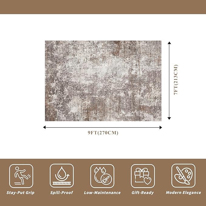7x9 Modern Living Room Rug – Washable Neutral Abstract Area Rug for Dining Room, Kitchen, Bedroom, – Non-Slip Low Pile Soft Big Indoor Carpet (Brown Beige,7x9)