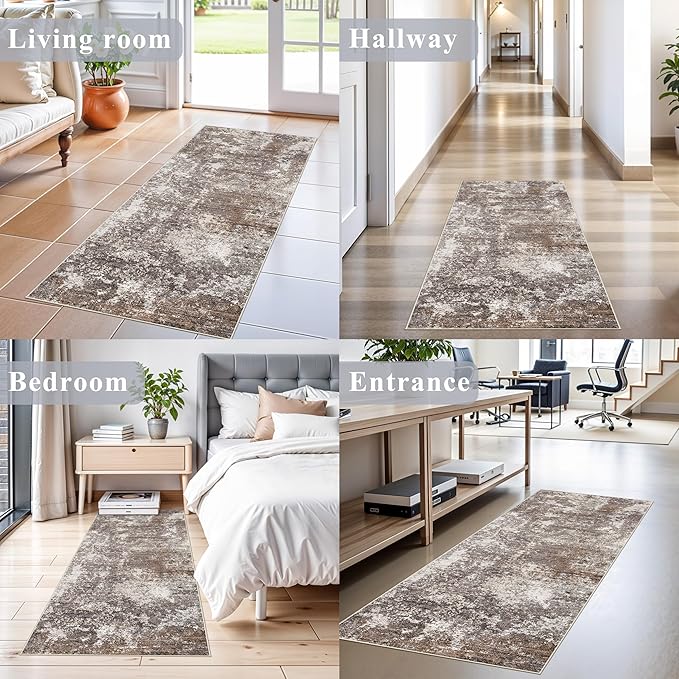 2x5 Washable Kitchen Rug Runner – Non-Slip Abstract Modern Neutral Small Rug for Bathroom, Hallway, Bedroom, Laundry Room, Entryway – Soft Low-Pile Thin with Rubber Backing (Brown Beige, 2x5)