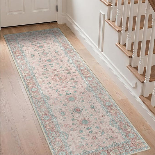 GENIMO Runner Rug for Hallways Machine Washable, 2x6 Non Slip Boho Vintage Lightweight Washable Runners, Thin Floor Rugs for Entryway Hallway Bathroom Laundry Room Corridor, Misty Pink