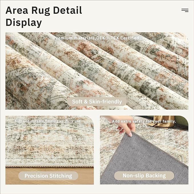 Soalmost 10x14 Area Rugs for Living Room, Non Slip Machine Washable Vintage Rugs, Low Pile Lightweight Large Rug for Bedroom, Dining Room, Home Office Brown Pink