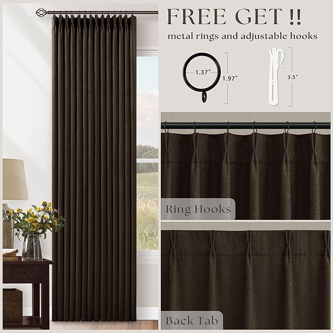 Dark Brown Pleated Double Layer Thick Linen Curtains 90 Inches Long for Bedroom Living Room Memory Trained Pinch Pleat 100% Blackout Thermal Noise Blocking Rustic Windows Drapes 2 Panels Set