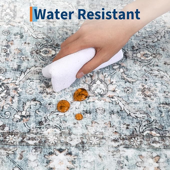 GarveeHome Area Rug 9x12 Washable Rugs for Living Room, Vintage Floral Distressed Design, Ultra Soft Low Pile Foldable Carpet, Indoor Foldable Retro Floor Mats for Home Decor, Grey and Blue