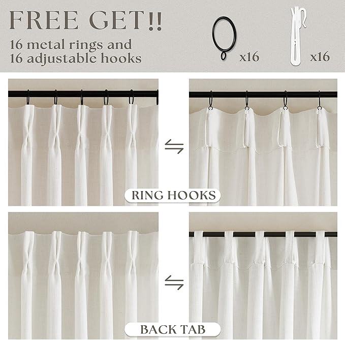 72 Inch Pinch Pleated Linen Curtains 2 Panels for Living Room Bedroom Memory Training Shaped Cream Birch Semi Sheer Short Pleat Drapes with Hooks Rings Back Tab Window Curtain Cabin Closet 40x72