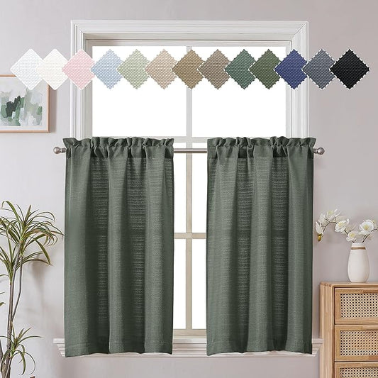 Chyhomenyc Bennet 2-Panel Olive Green Kitchen Curtains - 36 Inch Length, Faux Linen Textured Small Cafe Style, Light Filtering Short Window Curtains for Bathroom, Basement - 30x36 Inch