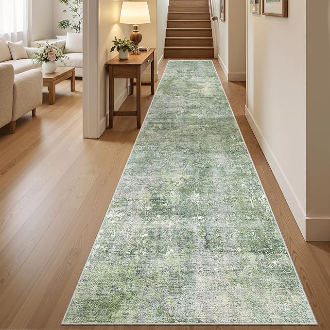 Soalmost Runner Rug 2x10 Washable Non-Slip Hallway Runner Rugs for Kitchen Bathroom Laundry Room Green/Ivory Vintage Floor Carpet Runners for Hallways Entryway