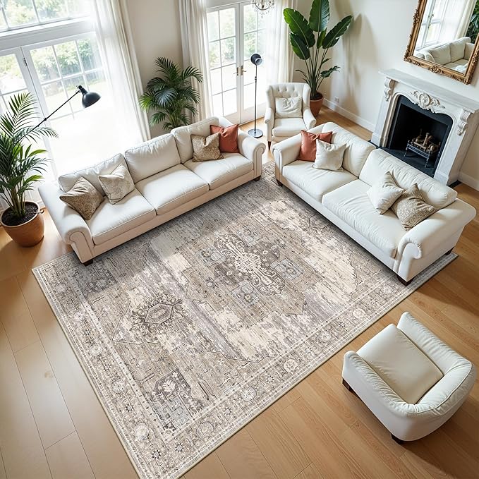 Washable 9x13 Large Living Room Rugs, Vintage Oriental Low Pile Soft Rugs Indoor Non Slip & Non-Shedding Carpets for Bedroom/Dining Room/Office Farmhouse Distressed Home Decor Floor Mat (9x13 Beige)