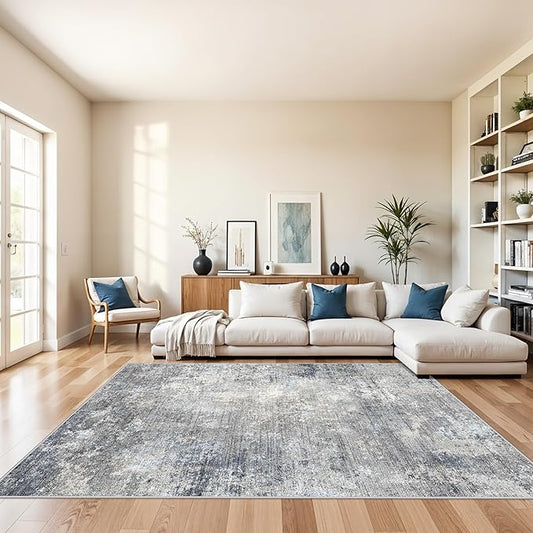 7x7 Square Rug Machine Washable – Modern Neutral Abstract Non-Slip Area Rug for Dining Room Living Room Kitchen Bedroom – Low-Pile Accent Indoor Carpet (Blue Grey, 7x7)
