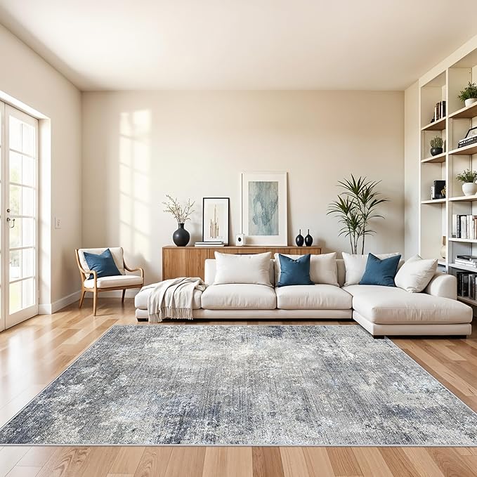 7x9 Washable Living Room Rug - Modern Abstract Neutral Indoor Rug for Dining Room, Kitchen, Bedroom, Non-Slip Low Pile Stain Resistant Carpet（Blue Grey,7x9）