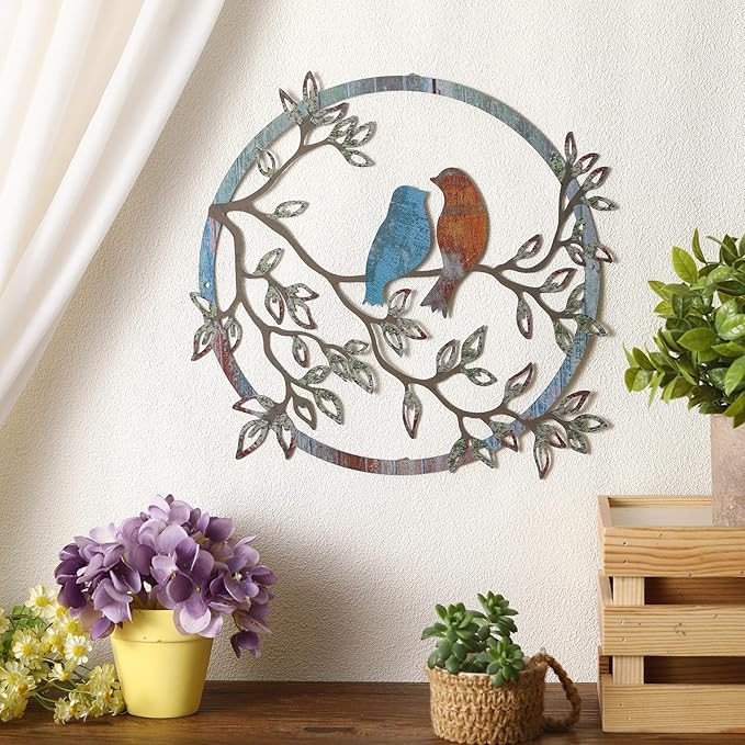 Ferraycle Metal Wall Art Bird on Tree Branch Silhouette Bird Art Decor for Living Room Garden Bedroom Office Home Wall Housewarming Party Decor(Retro Color)