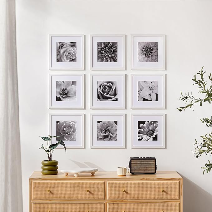 eletecpro 12x12 Picture Frames Set of 9 with Clear Acrylic Cover, Display 8x8 Photos with Mat or 12x12 Without, Classic and Sturdy Square Collage Gallery Wall Decor, Easy Wall Mount, White
