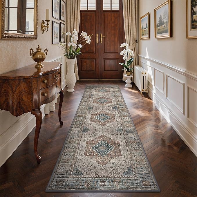 GENIMO Runner Rug for Hallways Machine Washable, 2x10 Non Slip Boho Vintage Lightweight Washable Runners, Thin Floor Rugs for Entryway Hallway Bathroom Laundry Room Corridor,Geometry Sepia/Blue