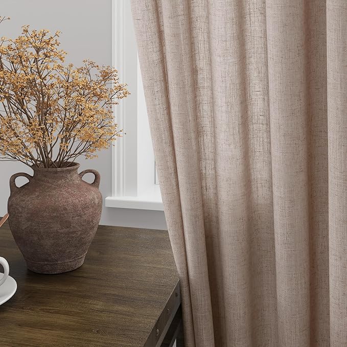 Nanspring Oatmeal Linen Curtains 63 Inches Length 2 Panels Set for Living Room Back Tab Pocket Light Filtering Semi Sheer Drapes Modern Farmhouse Boho Cotton Linen Textured Window Curtain 52X63