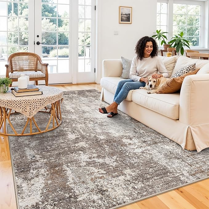 Area Rugs for Living Room: 6x9 Washable Neutral Abstract Rug for Bedroom Large Soft Modern Dining Room Rugs Indoor Floor Low Pile Carpet for Home Office (Brown Beige,6x9)