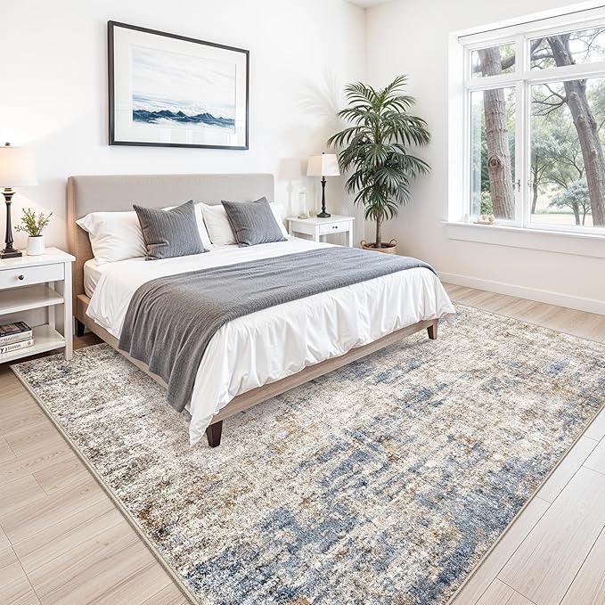 10x10 ft Square Living Room Rug – Washable Modern Abstract Area Rug for Bedroom, Dining Room, Playroom – Neutral Non-Slip Low-Pile Thin Indoor Carpet（Blue Brown）
