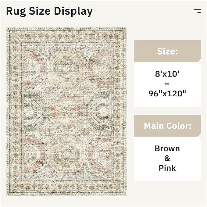Soalmost Washable Area Rug 8x10, Large Soft Rugs for Living Room Vintage 8x10 Area Rugs for Bedroom Dining Room Non-Slip Stain Resistant Under Table Brown Pink Rug
