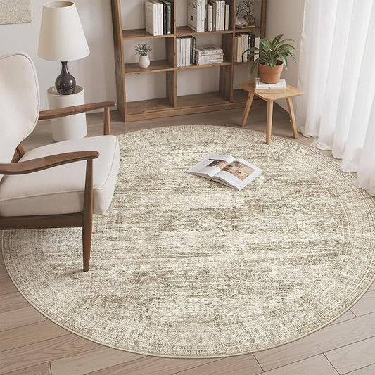 Soalmost 6x6 Brown Round Rug 6ft Living Room Circle Rug Vintage Round Area Rug Non Slip Indoor Carpet for Dining Room Bedroom