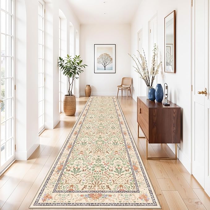 3x15 Ft Long Hallway Runner Rug - Non-Slip Washable Kitchen Runner Rug with Rubber Backing | Botanical Vintage Florals Wide Floor Carpet Runner for Indoor Entryway, Bedroom, Living Room Cream, 3x15