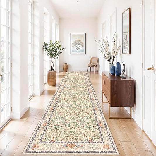 3x15 Ft Long Hallway Runner Rug - Non-Slip Washable Kitchen Runner Rug with Rubber Backing | Botanical Vintage Florals Wide Floor Carpet Runner for Indoor Entryway, Bedroom, Living Room Cream, 3x15