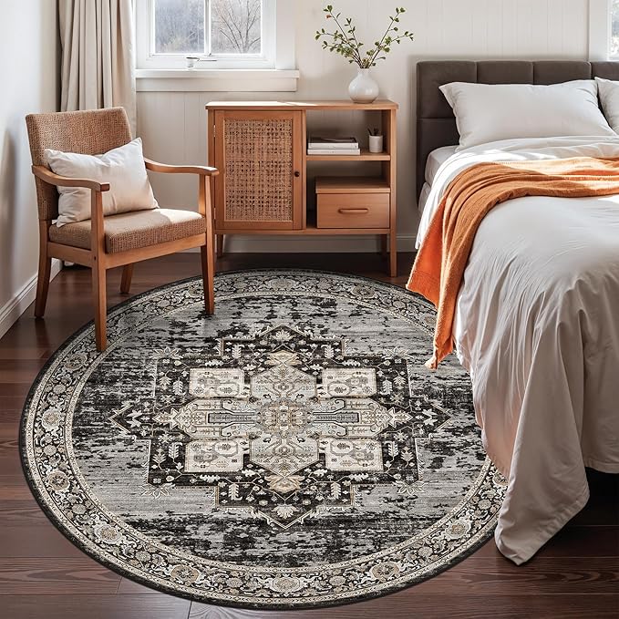 RUUGME Round Area Rug: Machine Washable Stain Resistant 5 Round Rug for Living Room,Bedroom Non Slip Low Pile Carpets for Dining Room Ultra Thin Soft Home Decor Floor Mat 5ft Black