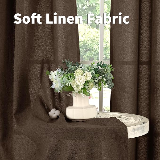 YoungsTex Brown Linen Curtains 48 Inch Length for Living Room Window, Light Filtering Drapes Semi Sheer with Bronze Grommet Privacy for Bedroom, 42 x 48 Inch, 2 Panels