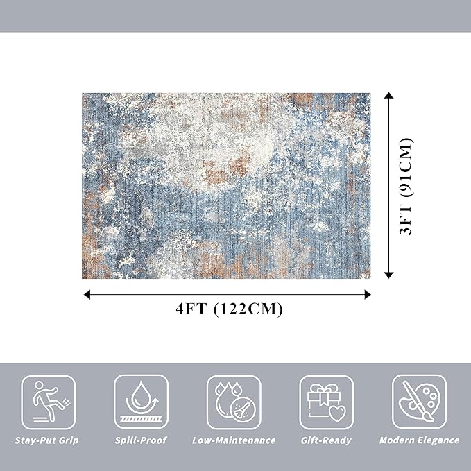 3x4 Washable Entryway Rug – Non-Slip Modern Abstract Small Area Rug for Kitchen, Bedroom, Bathroom – Soft Low-Pile Thin Indoor Door Mat（Blue Rust，3x4）