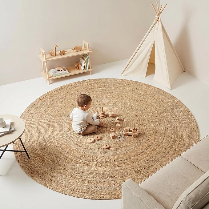 Jute Braided Area Rug, Natural - 8 Feet Round, Boho Neutral Indoor Circle Hand Woven Rugs for Living Room, Bedroom, Nursery, Dining Area | Farmhouse Large Rustic Patio Floor Mat for Coastal Décor