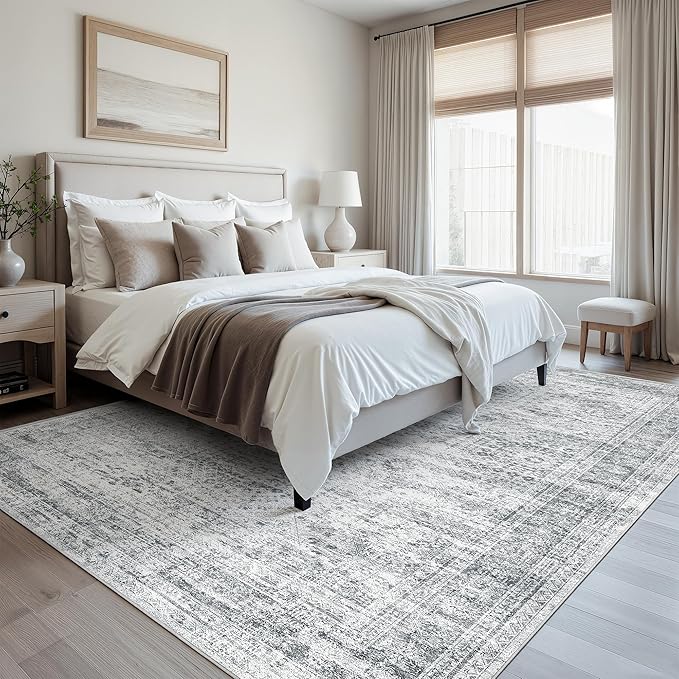 Soalmost Washable Area Rug 8x10, Large Soft Rugs for Living Room Farmhouse Vintage Gray Area Rugs for Bedroom Dining Room Non-Slip Stain Resistant Under Table Rug Grey