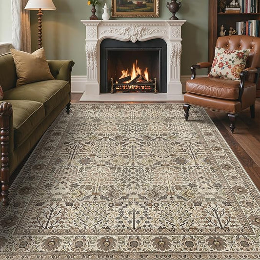 Bavni Washable Rugs 6x9-Machine Washable Rug Lightweight Low Pile, Vintage Floral Rug Non-Shedding Distressed Throw Carpet for Living Room Bedroom Office, Dark Espresso