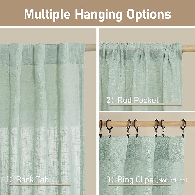 LAMIT Light Sage Linen Curtains 45 Inches Long for Bedroom, Light Filtering Panels Back Tab and Rod Pocket Neutral Drapes for Kitchen/Window/Loft Room, 52 x 45 Inch, 2 Panels