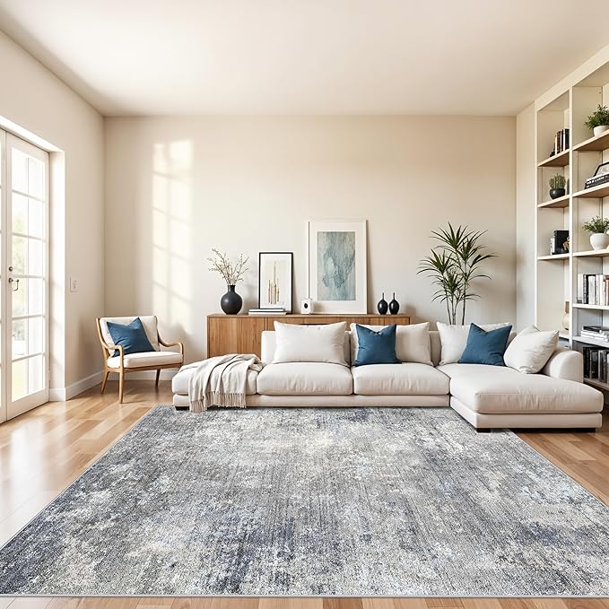 Washable Area Rug 9x12 Living Room – Neutral Modern Abstract Large Carpet for Bedroom Dining Room Office – Soft Non-Slip Low-Pile Thin Stain-Resistant Indoor Rugs （Blue Grey,9x12）
