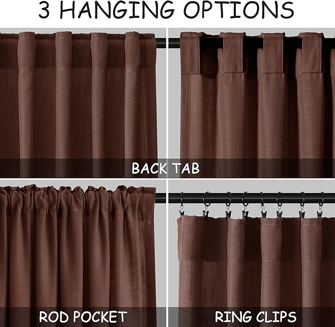 Rustic Brown Linen Curtains 63 Inches Long 2 Panel Sets for Living Room Bedroom Rod Pocket Back Tab Light Filtering Drape for Kitchen Window Short Protect Privacy Curtain Modern Farmhouse Decor 52x63