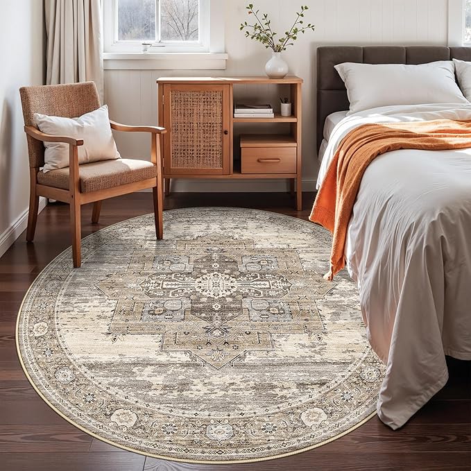 RUUGME Washable Round Rug 5ft: Living Room Circle Rugs with Non Slip Rubber Backing Stain Resistant Indoor Carpet for Bedroom Ultra Thin Soft Floor Decor Mat 5ft Beige
