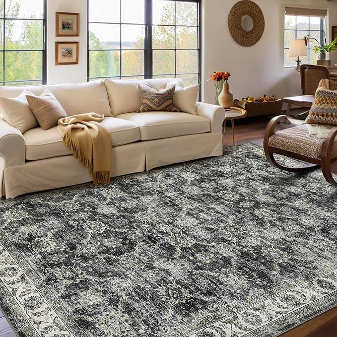 GarveeHome Area Rug 8x10 Washable Living Room Rug Non Slip Distressed Floor Cover Foldable Low Pile Traditional Accent Rug Floral Print Soft Throw Carpet for Bedroom Dining Room Office, Grey