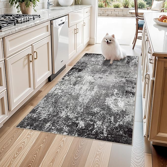 4x5 Washable Entryway Rug – Non-Slip Low Pile Throw Area Rug for Bathroom Kitchen Living Room Bedroom – Modern Abstract Neutral Soft Indoor Small Carpet (Black Grey,4x5)