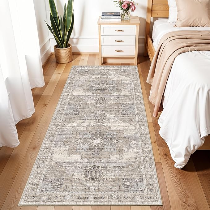 3x7 Runner Rug for Hallway Kitchen - Washable Ultra-Thin Soft Carpet for Entryway,Laundry Room,Bedroom - Vintage Non Slip Stain Resistant - Low Pile Oriental Home Decor 3x7 Beige