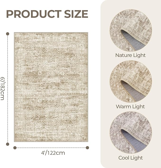 Area Rugs 4x6 for Living Room, Non-Slip Backing Small Kids Rugs for Bedroom, Vintage Abstract Rug Home Decor, Low Pile Soft Washable Rug for Kitchen, Dining Room(4'x6', Brown/Ivory)
